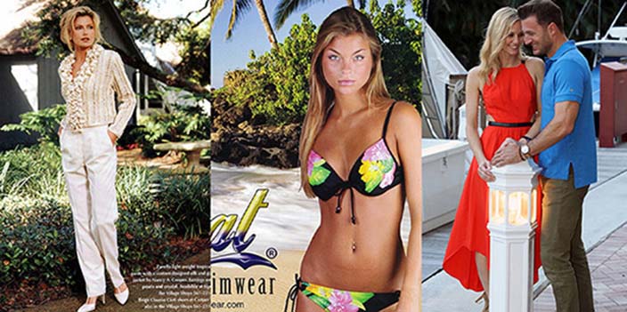 Fashion Photography Fort Lauderdale - 3 photos. One of a Female model in white sweater shot on location. Femaie model in a swim suit shot on beach, Male / Female Couple on a boat dock.